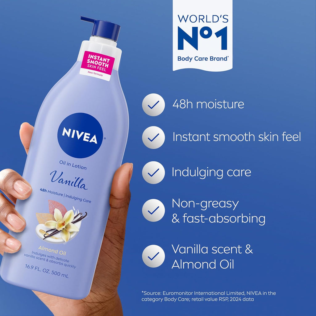 Oil Infused Vanilla and Almond Oil Body Lotion for Women, Fast-Absorbing and Non-Greasy Vanilla Scented Lotion Moisturizes for 48 Hours, 16.9 Fl Oz Pump Bottle, Pack of 3