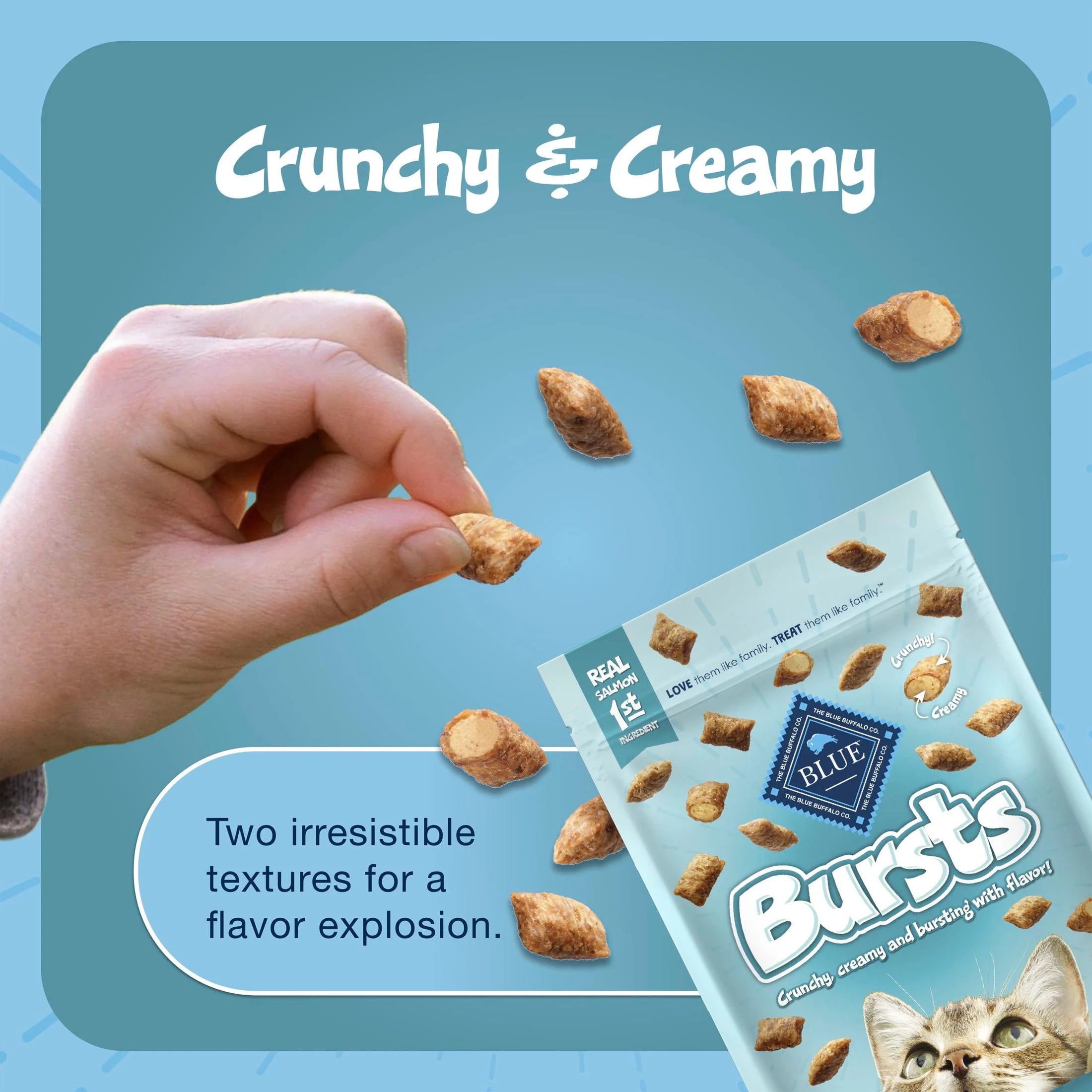 Bursts Crunchy & Creamy Cat Treats for Training - Savory Seafood Flavor, 12-Ounce Tub