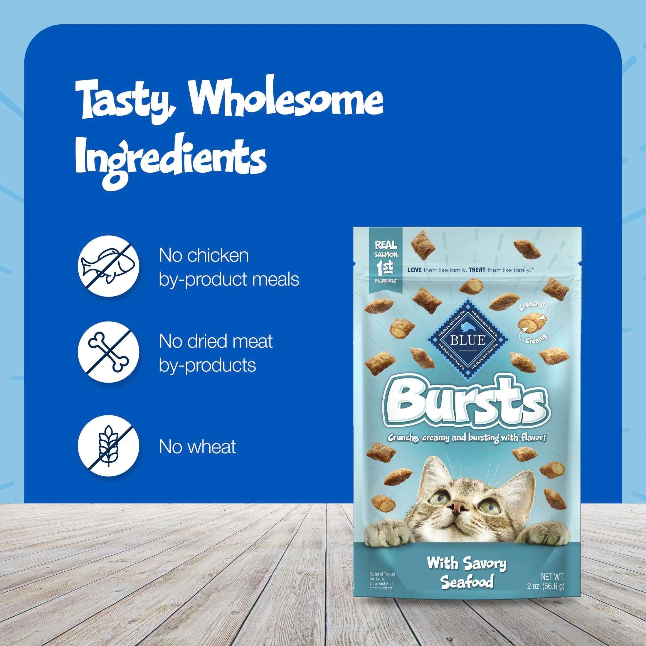 Bursts Crunchy & Creamy Cat Treats for Training - Savory Seafood Flavor, 12-Ounce Tub