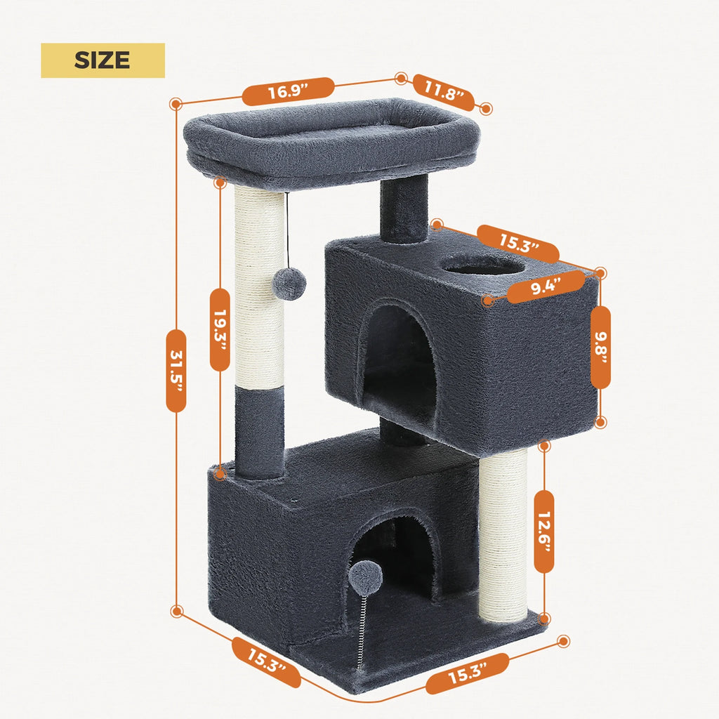 31.5" Modern Cat Tree Tower with Dual Large Condos for Kitten ＆ Medium Size Cat Dark Gray
